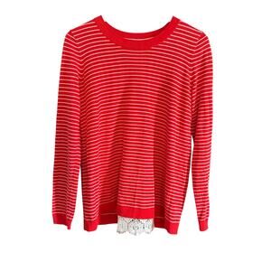 BODEN | Red Cotton Striped Crew Neck Sweater with White Lace Inset | Medium